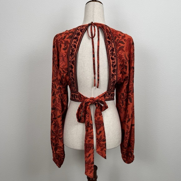 Urban Outfitters Top Womens S Orange Floral Cropped Bell Sleeve Indie Boho Fall - Picture 7 of 12